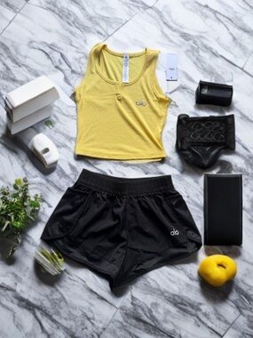 yellow ribbed tank & black athletic shorts set